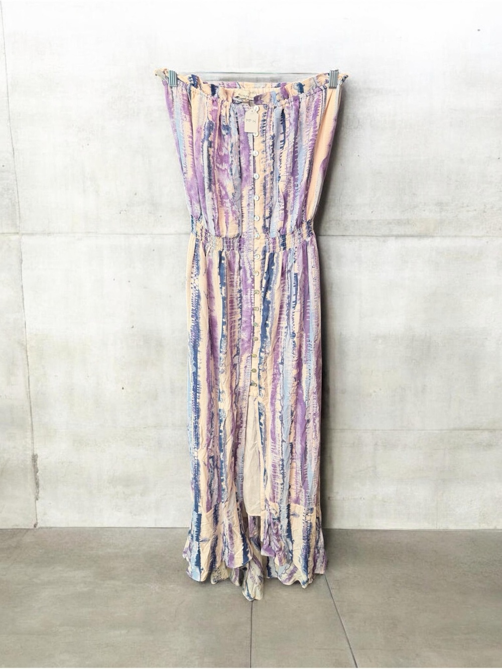 Allison Joy Strapless Pastel Stripe Maxi Dress in Lavender, Blue & Cream